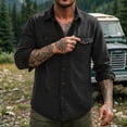 thumbnail image 2 of Men's Casual Button Down Shirt Long Sleeve Turndown Collar Solid Polyester Zipper Closure Pockets Daily Work Office Business | Zenithor,Black M, 2 of 7