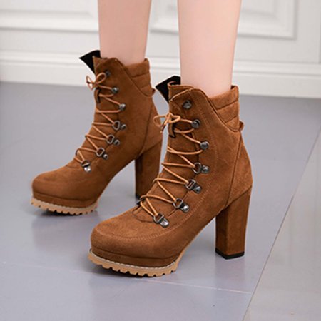 

LnjYIGJ Women s High-Heels Mid Calf Boots Autumn Winter Women Thick Heel High-heel Lace-up Ankle Boots