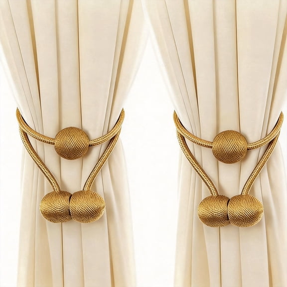 2-Pack Magnetic Curtain Tiebacks, 26-Inch Polyester Decorative Drapery Holdbacks for Home & Office, Golden