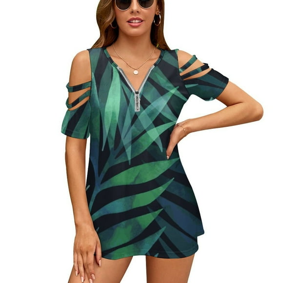 Dark Green Palms Leaves Pattern Sexy And Club Fashion Female T-Shirt Short Sleeve Off Shoulder Lady T Shirts Palm Green Dark