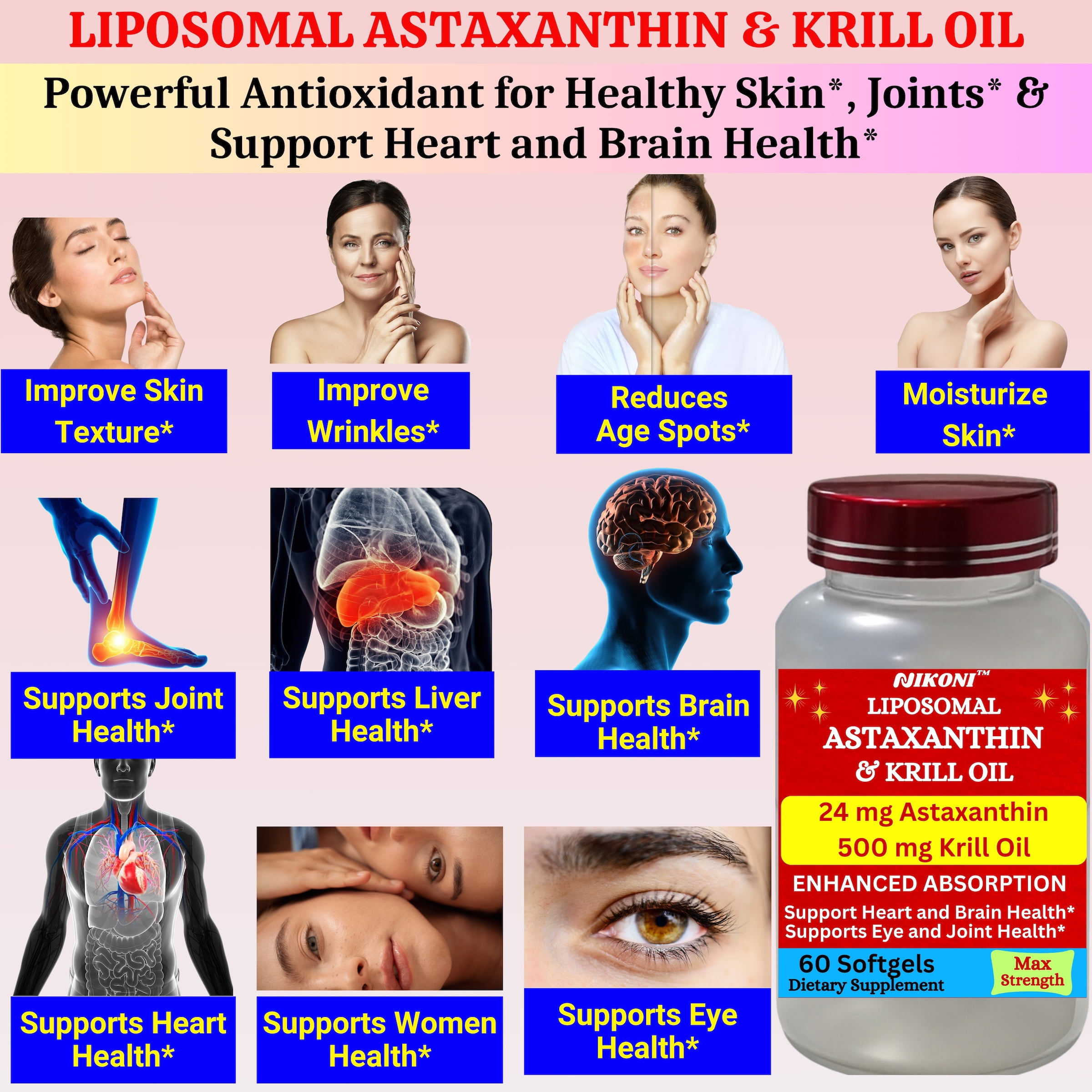 Nikoni Liposomal Astaxanthin & Krill Oil 24 mg Antioxidant with Omega-3s Supports Cellular, Joint, and Heart Health 240 Softgels