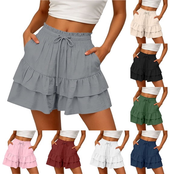 Admvng Women's Ruffle Tiered Shorts Elastic Waist Drawstring Paperbag Skort Vacation Shorts with Pockets