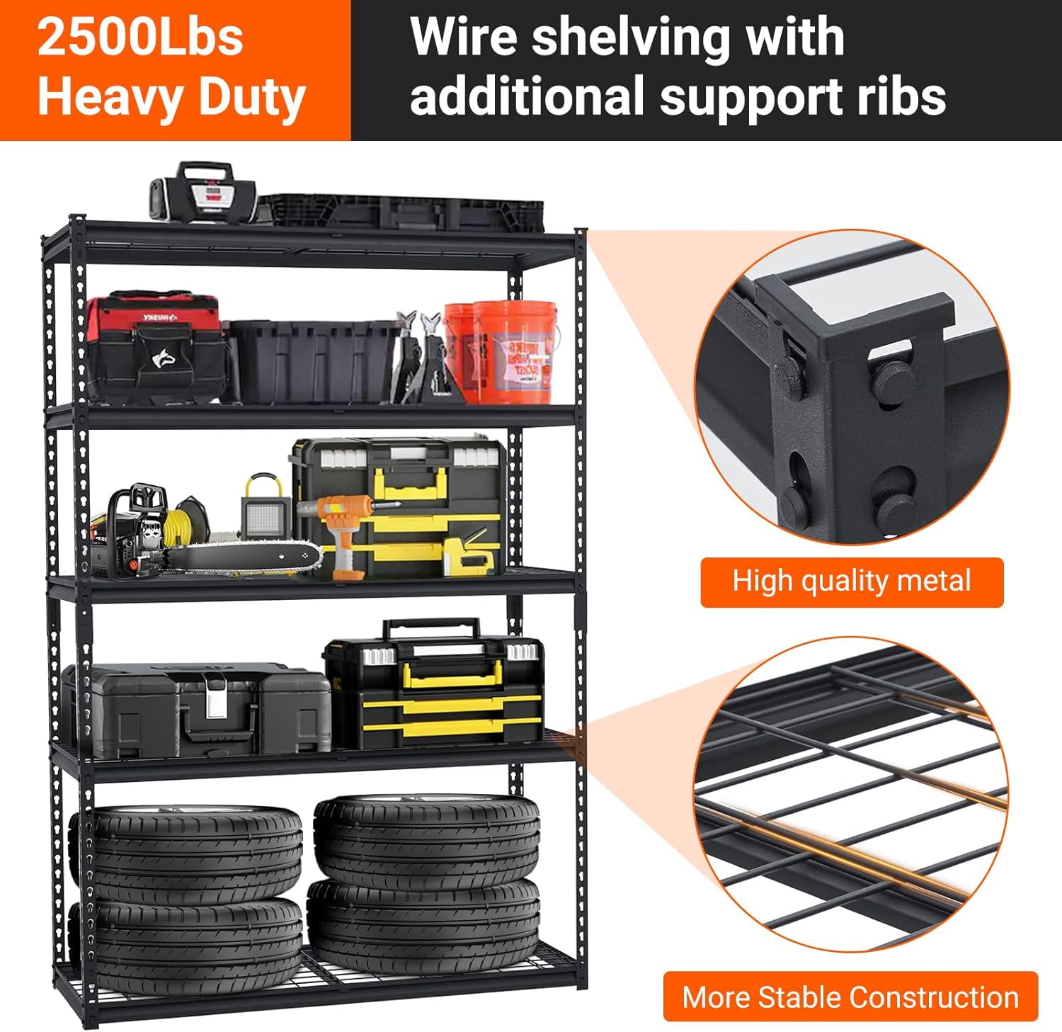 Garage Shelving, Heavy Duty Garage Shelving 48" L x 18" W x 72" H, 2500lbs Load Bearing Storage Shelves Adjustable, Durable Metal Storage Shelves, Easy Assemble for Garage, Basement