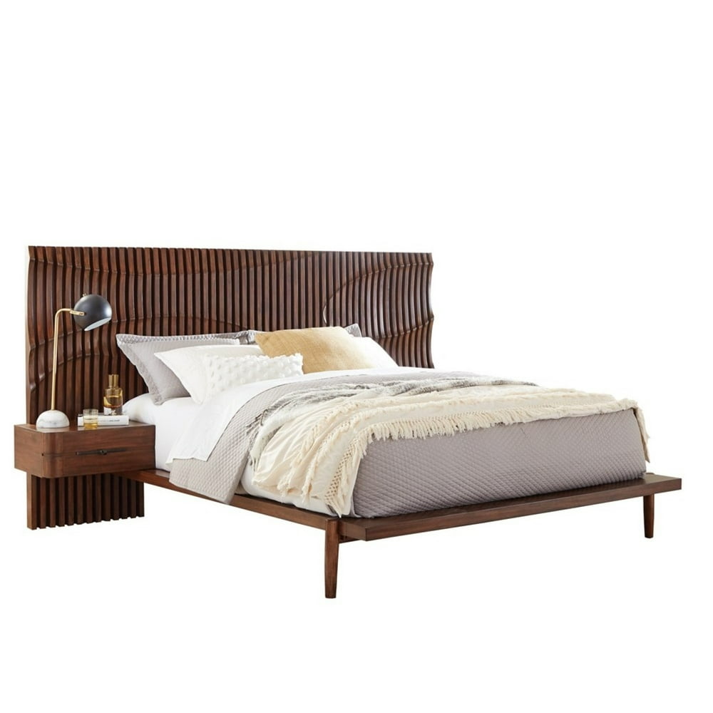 California King Size Platform Bed with Vertical Slatted Headboard
