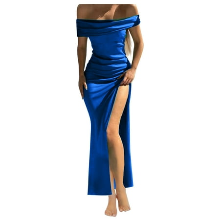 Efsteb Trendy Prom Dresses for Women Formal Short Sleeve Dress Cocktail Party Solid Color Dress Elegant One Shoulder Side Slit Dresses Stretch Slim Bag Hip Long Dress Clearance Blue L