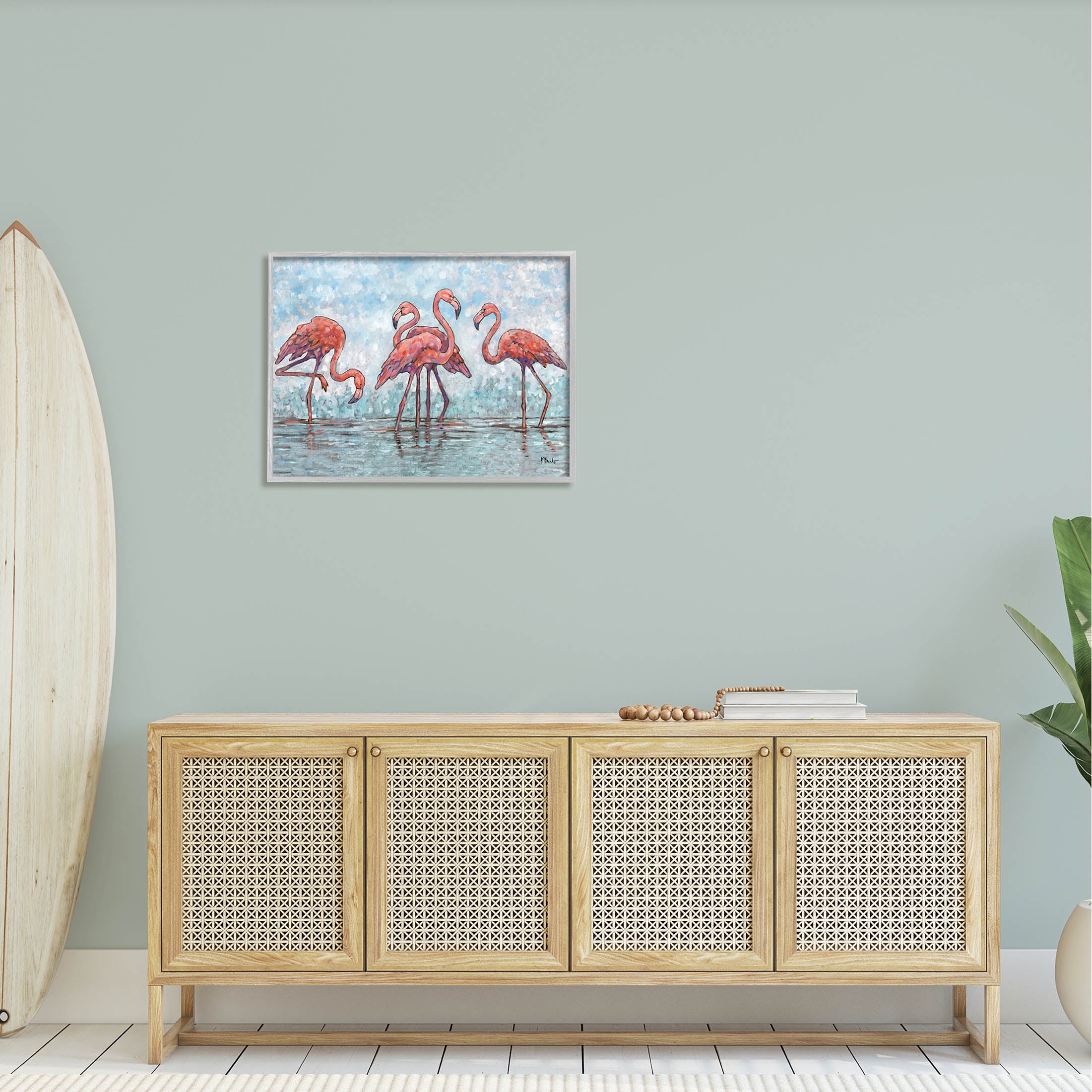 Stupell Industries Flamingos in Lagoon Impressionist Style Painting Gray Framed Art Print Wall Art, Design by Paul Brent