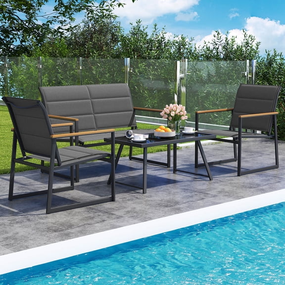 Costway 4 PCS Patio Furniture Set with Padded Fabric Seat & Wood-Plastic Armrests Table