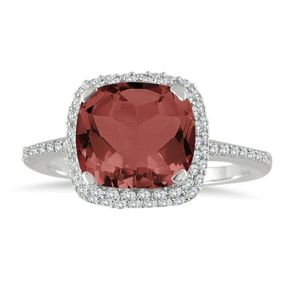 SZUL Women's 3 1/2 Carat Cushion Cut Garnet and Diamond Halo Ring in 10K White Gold