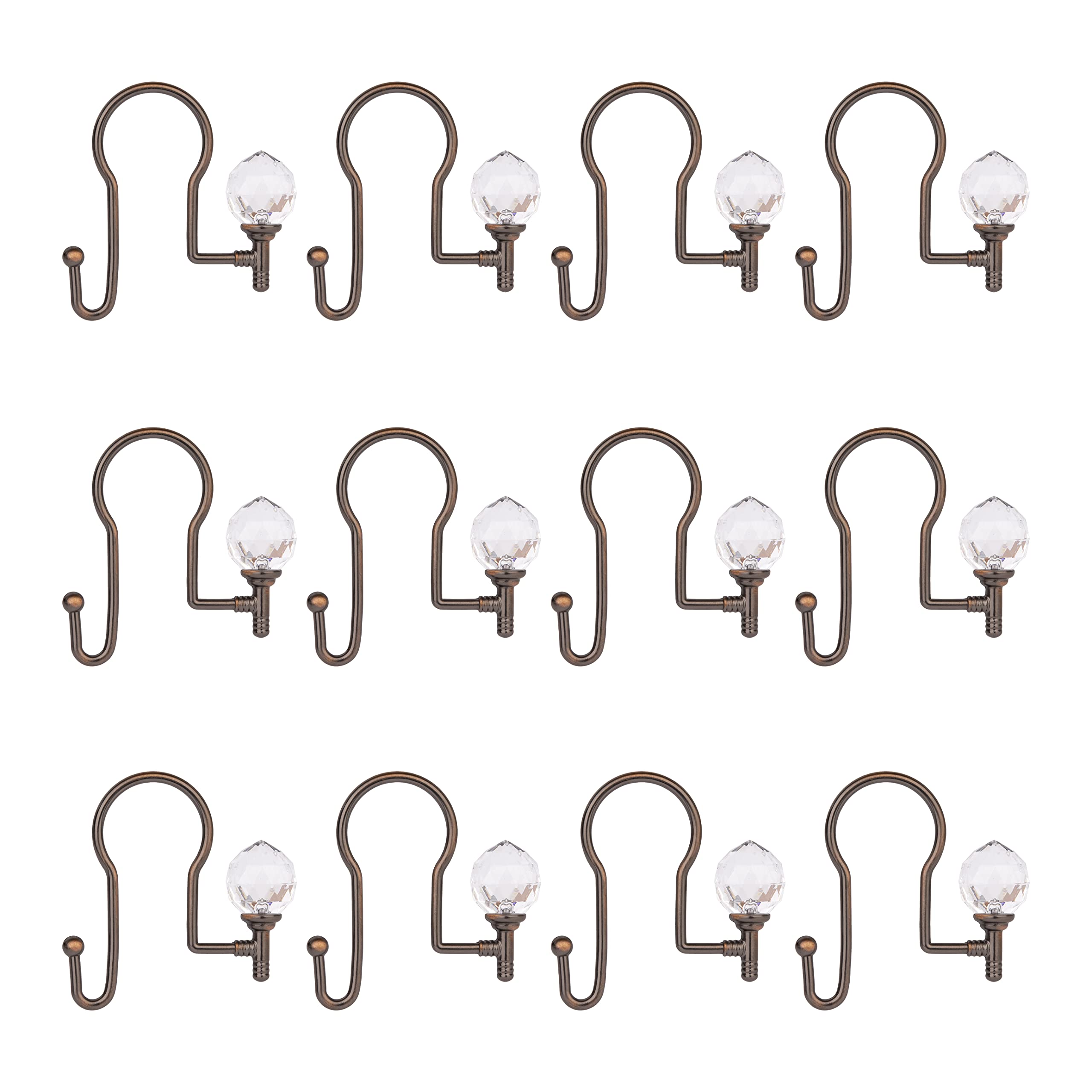 Utopia Alley Shower Hooks - Double Shower Curtain Rings for Bathroom - Rust Proof Shower Curtain Hooks for Shower Curtain - Shower Curtain Rings with Crystal Design - Set of 12, Oil Rubbed Bronze
