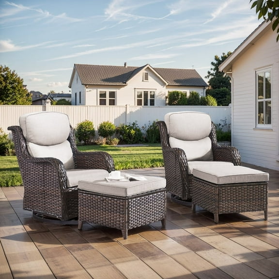 Gymojoy 4 Pieces Outdoor Patio Wicker Furniture Conversation Set All Weather High-Back Outdoor Swivel Chairs Patio Glider with Ottoman for Backyard