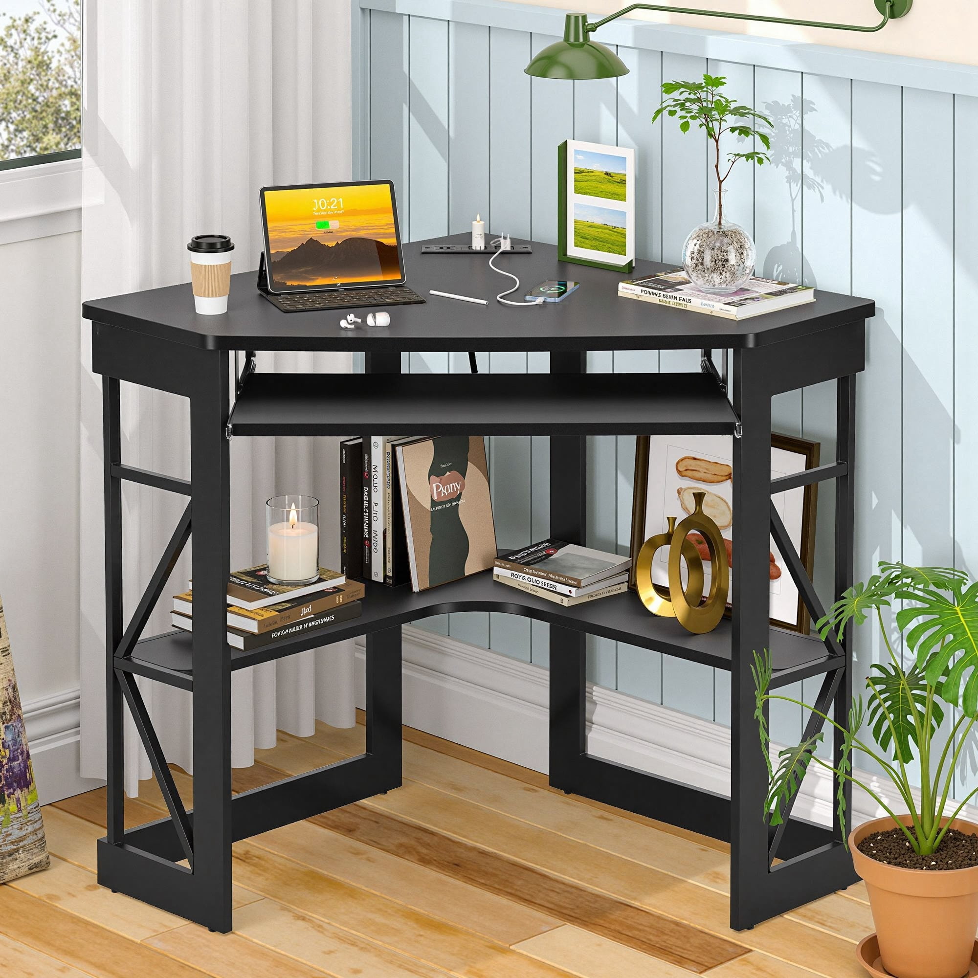 VECELO Corner Computer Desk with Keyboard Tray and Storage Shelf, Student Study Writting Table Workstation for College Dorm Apartment Home Office, Black (90 Degrees)