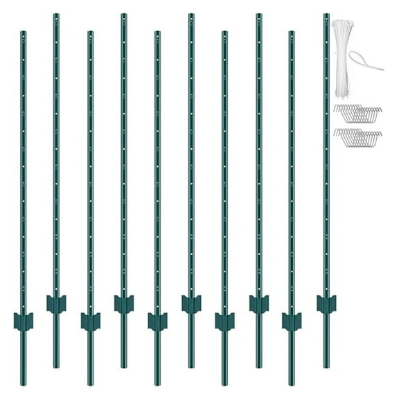 Fence Posts 5ft - 10 Pack Metal Fence Stakes U-Channel - Heavy Duty Steel Garden Posts w/ Zip Ties & Clips - Green Yard Lawn Farm Fencing