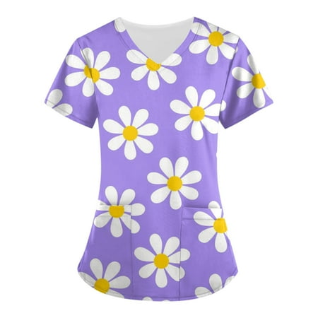 

Sksloeg Print Scrubs Tops for Women Flower Printed Tops Nursing Working Uniform Short Sleeve V-Neck T-Shirts with Pockets Purple M