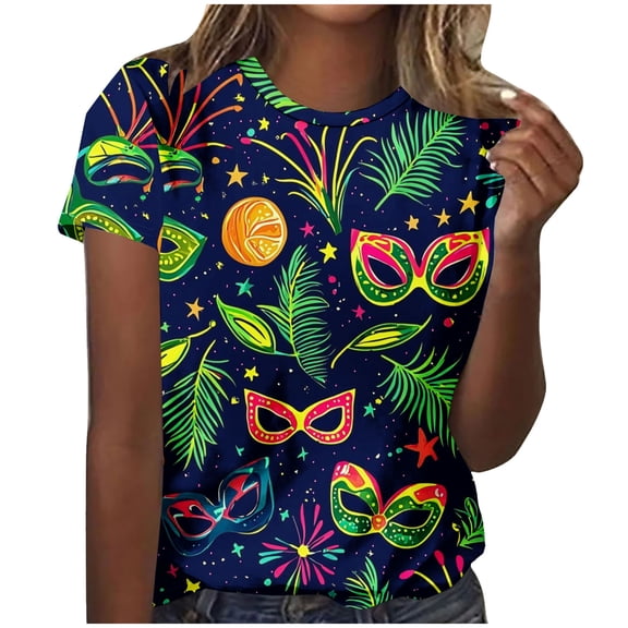 LYEAA Mardi Gras Clothing Women Crewneck Short Sleeve T Shirts Carnival Mask Print Trendy Pullover Tees Loose Casual Tops