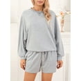 thumbnail image 2 of Women's Summer Loungewear Set, Solid Color Long Sleeve Round Neck Tops + Drawstring Shorts 2 Pieces Loose Sleepwear, 2 of 8