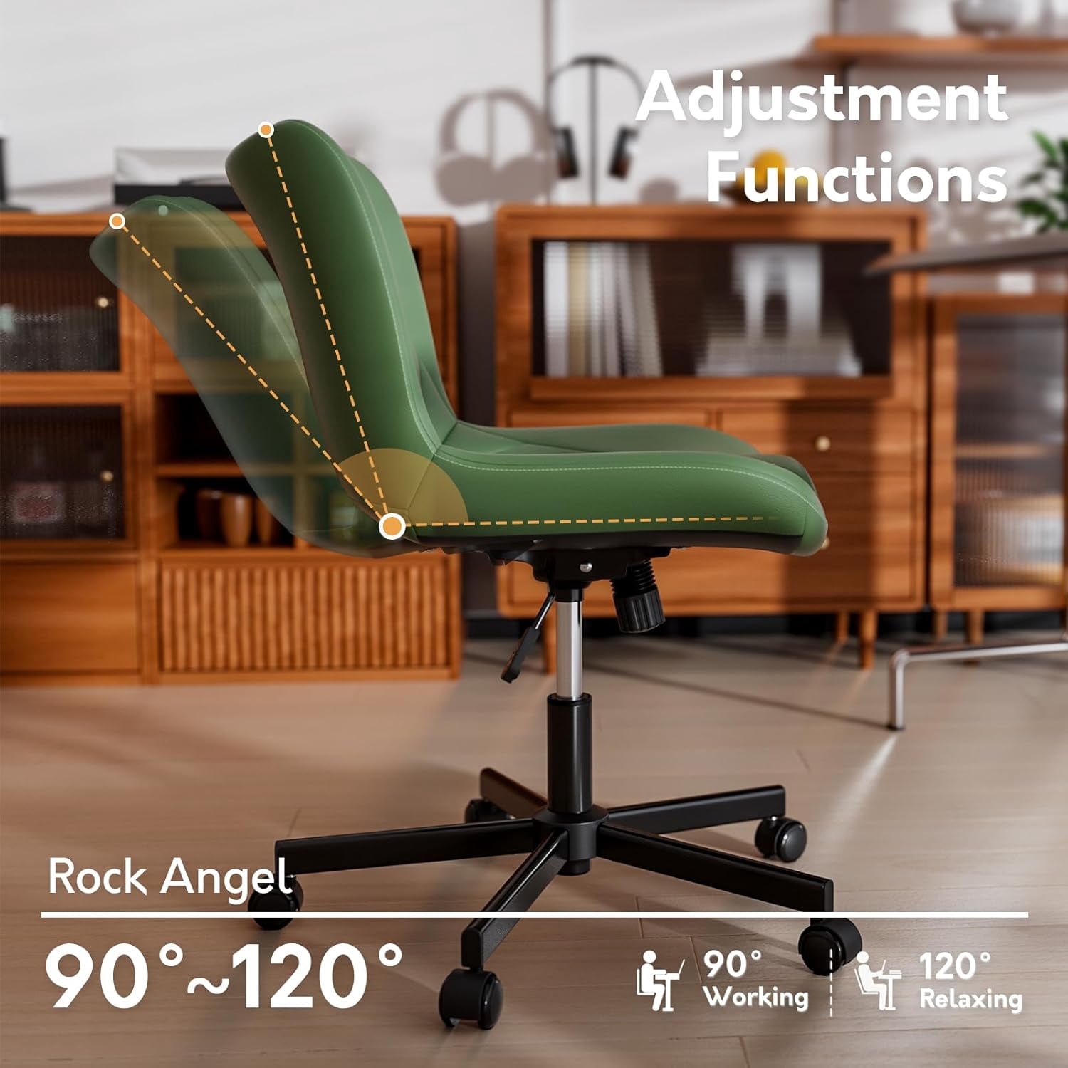 HomeZeer Space Saving Armless Office Chair with Wheels, Adjustable Height PU Leather Swivel Computer Task Chair, Soft Padded Mid Back Vanity Chair Design for Home Office & Small Spaces, Green