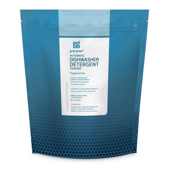 Grab Green Automatic Dishwashing Detergent Powder 3.17 lbs, 80 Loads, Fragrance Free, Plant and Mineral Based, Superior Cleaning, Powerful Grease Removal, Brilliant Shine