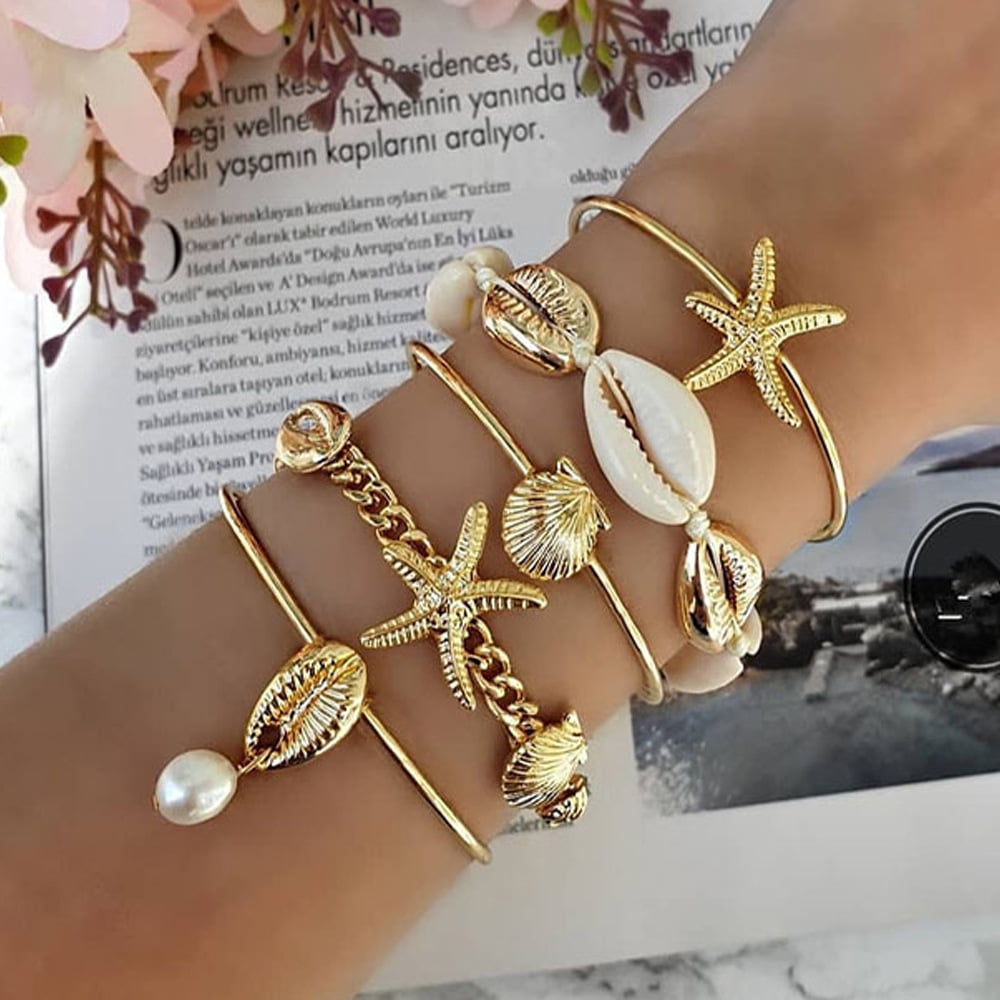 5PCS Starfishes Shell Bracelet with Opening Vintage Simple Multi-layer  Bracelets Gift for Women and Girls