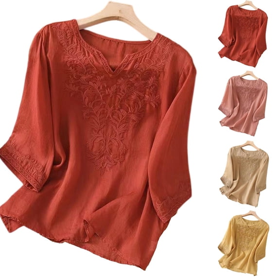 WULMLEO Women's Casual Embroidered Top V-Neck 3/4 Sleeve Lightweight Summer Blouse Red M