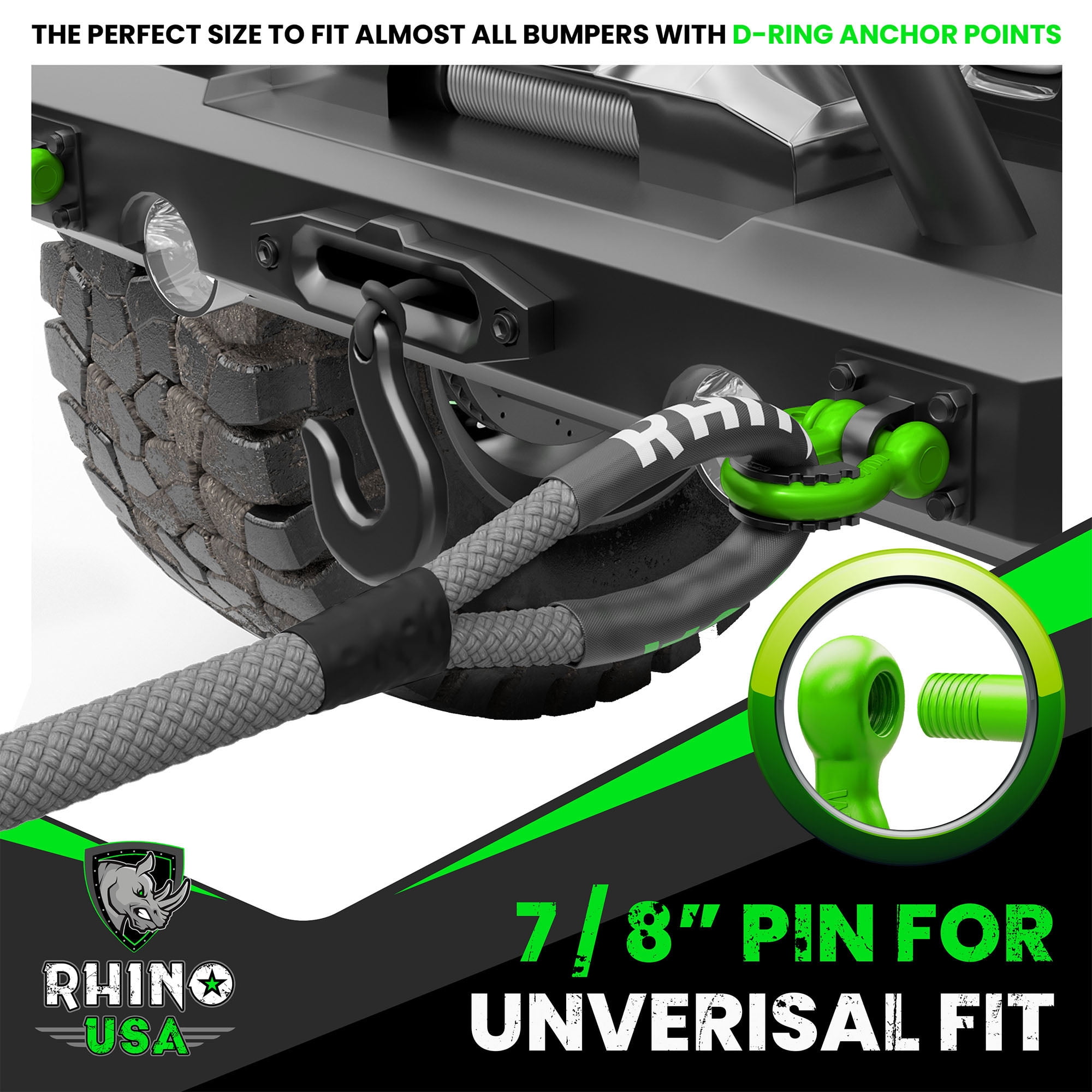 Rhino USA D Ring Shackle - 41,850lb Break Strength - Heavy Duty 3/4" Clevis Shackle w/ 7/8 Pin, Green 2pc