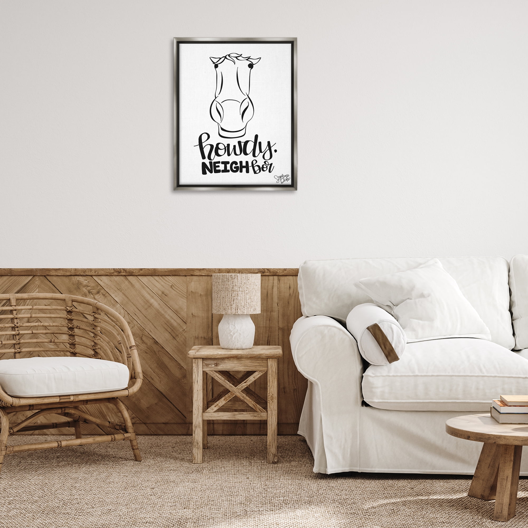 Stupell Industries Howdy Neighbor with Horse Animals Painting Gray Floater Framed Canvas Art Print Wall Art, 25 x 31