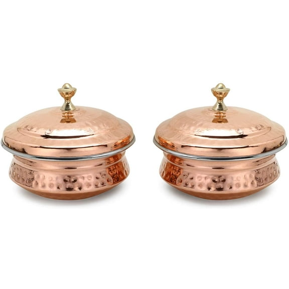 Zap Impex Serving Bowls Stainless Steel Copper Indian Dishes Handi Set Tureen (13 cm) Set of 2 Brown