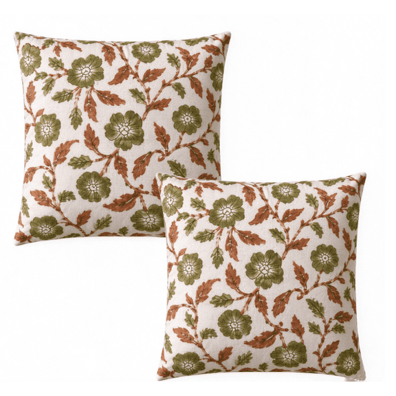 2Pcs Vintage Pillow Covers, Green Brown Floral Print Throw Pillows, Antique Flower Pillowcases, Outdoor Accent Decorative Cushion Covers - 18''X18''