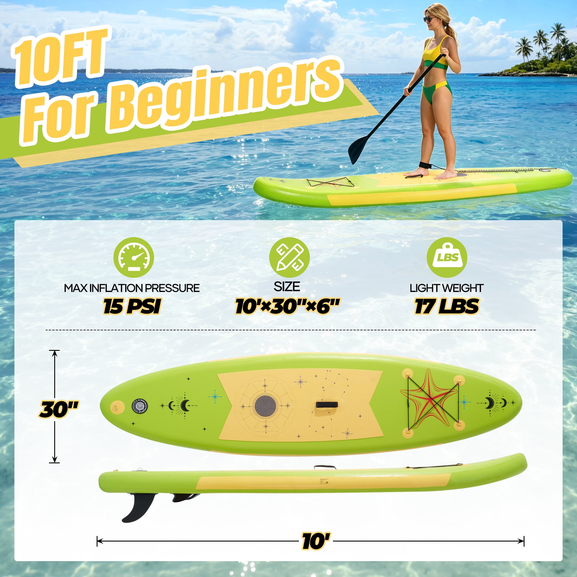 Naipo 10ft Inflatable Paddle Board Full SUP Accessories Beginner Stand Up Paddle Board 17 lbs Lightweight Enhanced Safety Features for Beginner Avocado Green