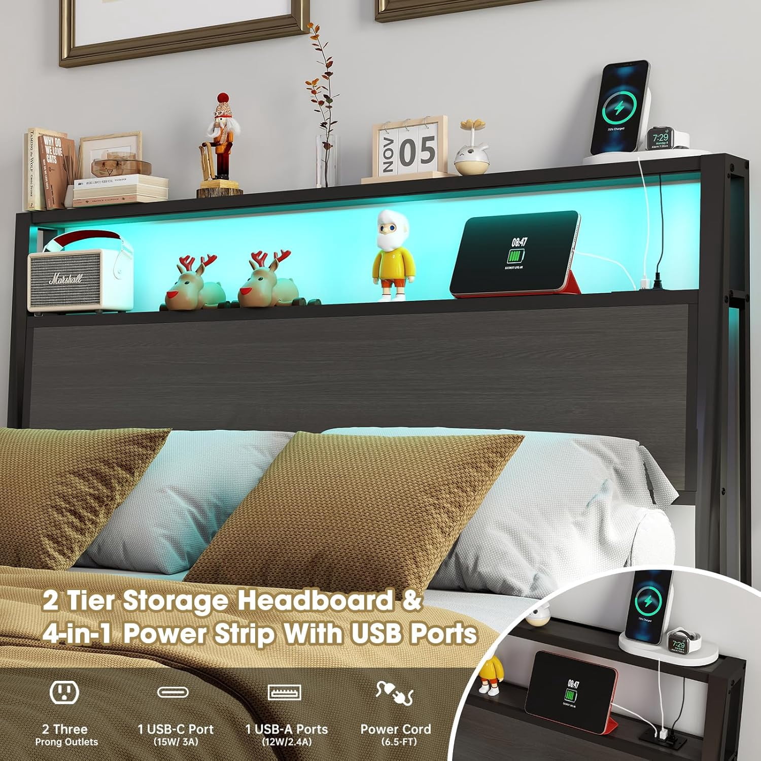 DRNANLIT Queen  Bed Metal Platform Bed Frame with LED Lights Storage Headboard＆Charging Station,Noise Free, Easy Assembly, Dark Grey