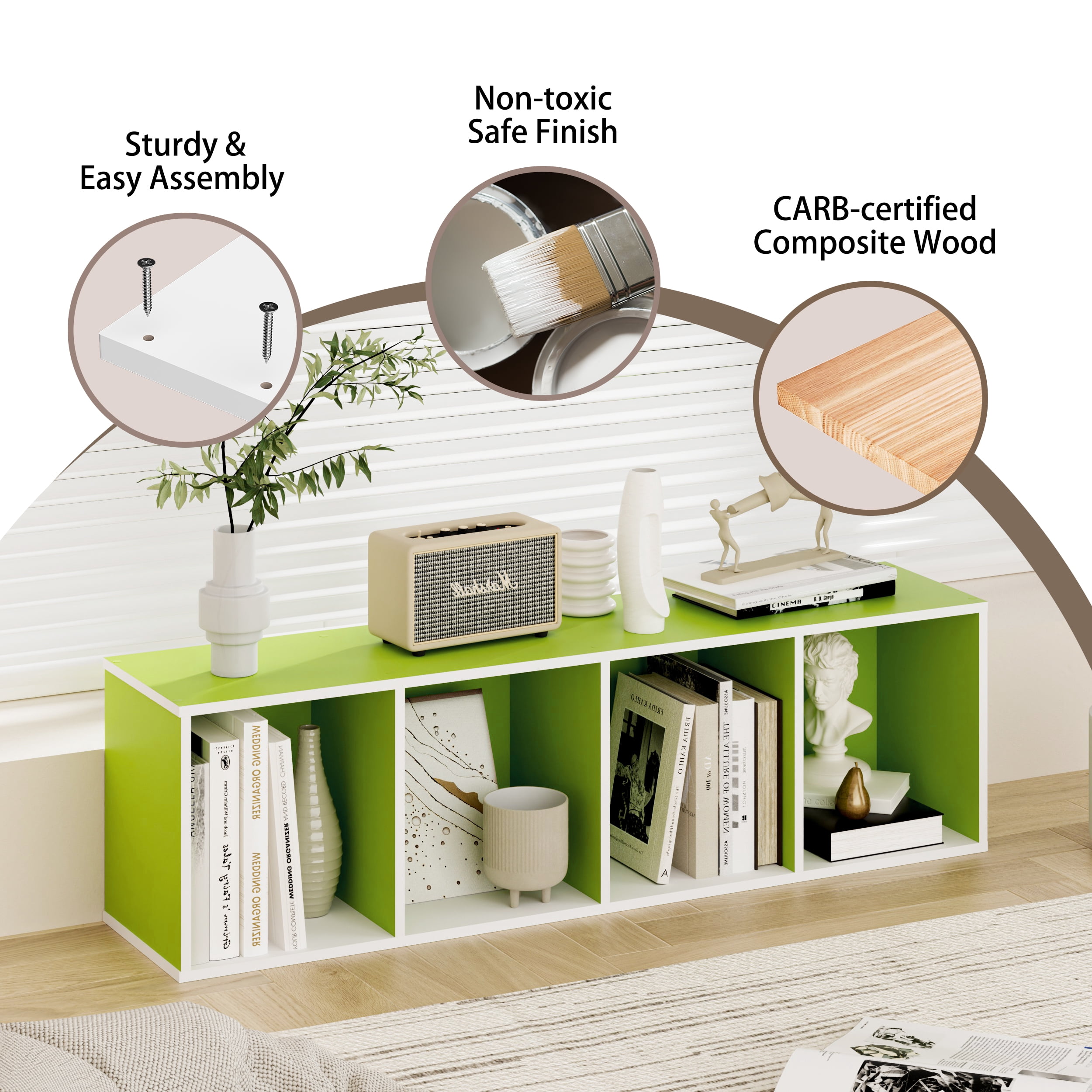 HOMLUX 9" x 12" x 42" Storage Shelf 4 Tier Cube Bookcase, Suitable for Small Space, White & Green