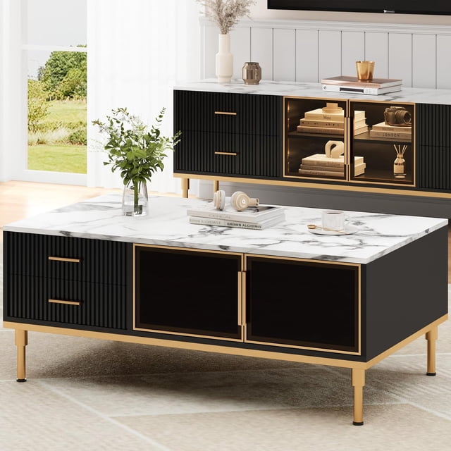 Bingirl Modern Fluted Sideboard Buffet Cabinet with Glass Doors and Adjustable Metal Legs - Black Coffee Buffet for Living Room, Dining Room and Kitchen