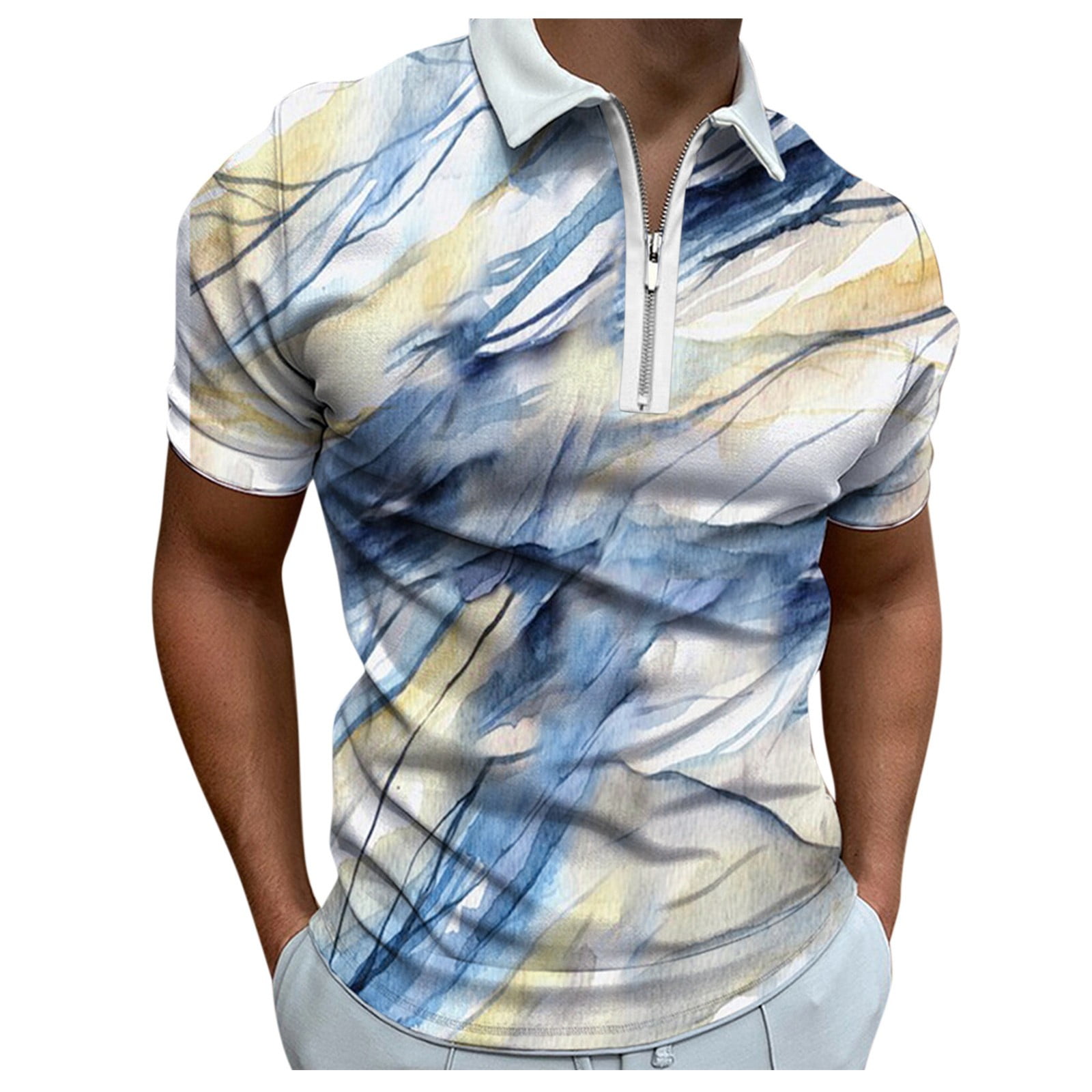 TAIAOJING Mens Polo Shirt Half Zipper Collar Male Print Down Short Turn ...