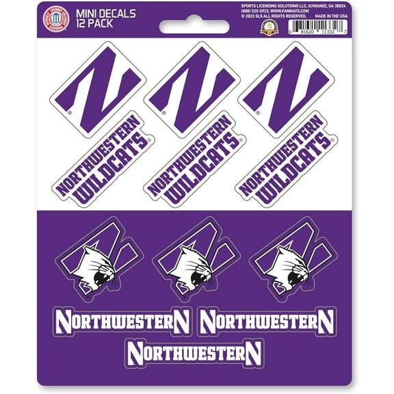 Northwestern University Wildcats 12-Piece Mini Decal Sticker Set, 5x6 Inch Sheet, Gift for football fans for any hard surfaces around home, automotive, personal items