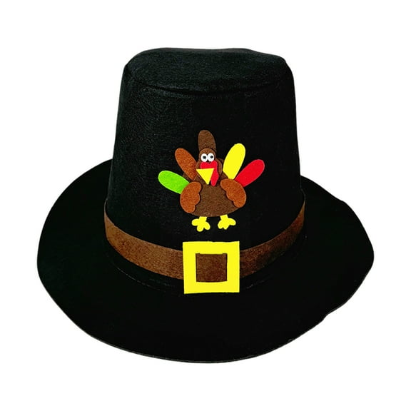 Felt Pilgrim Hats Adult Black Pilgrim Hat with Turkey Decoration Thanksgiving Novelty Top Hats for Thanksgiving Party Accessories