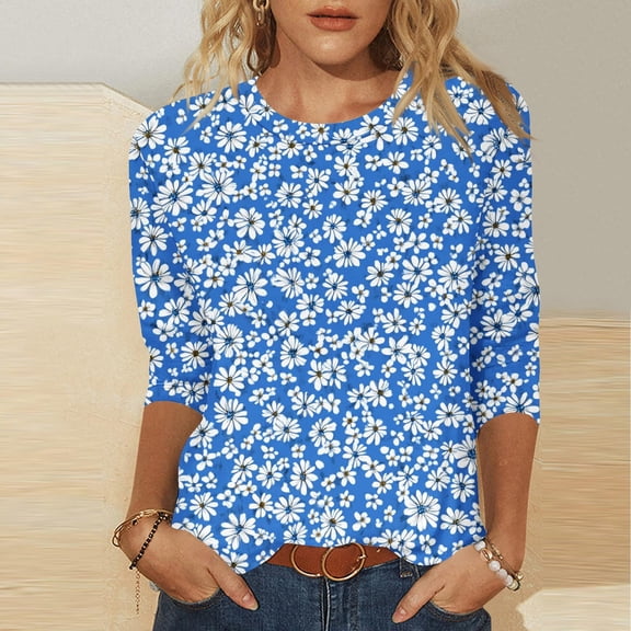 SOOMLON 3/4 Sleeve Tops for Women Plus Size Tunic Cotton Tops Dressy Casual Round Neck Shirts Cute Daisy Print T Shirts 2025 Fashion Spring Summer Ladies Tops Loose Fit Basic Outfits Pullover Blue XL