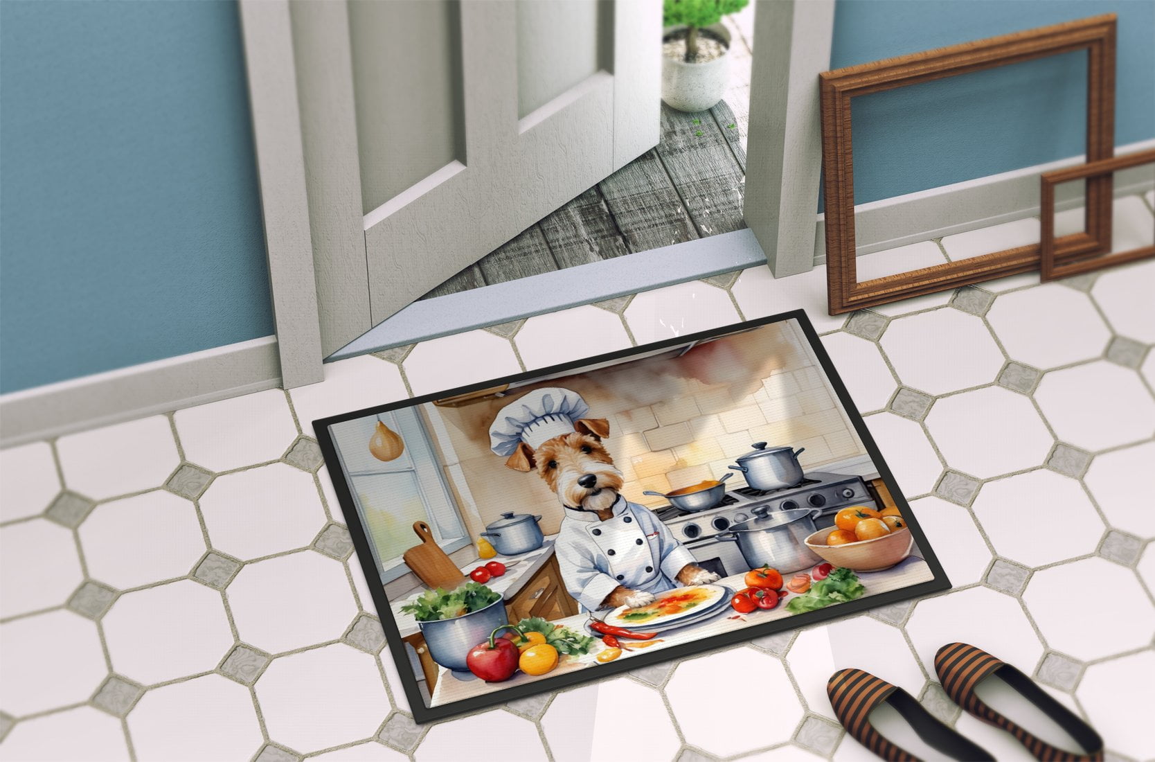 Caroline's Treasures DAC6250JMAT Fox Terrier The Chef Doormat Front Door Mat Indoor Outdoor Rugs for Entryway, Non Slip Washable Low Pile, 24H X 36W