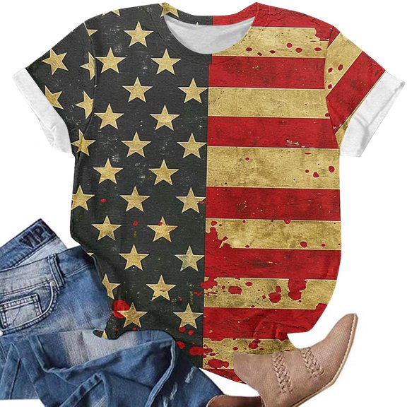 Cavosen USA Flag Shirts for Women Petite 4th of July Short Sleeve Round Neck Shirts American Flag Print Shirts Lady XL Red White and Blue Casual Tops Funny Patriotic Tunic Tees 2025 Patriotic Blouses