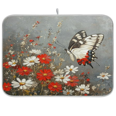 

WOBOGO Flower Butterfly Kitchen Drying Mat Heat Resistant Drainage with Non-Slip Rubber Backing Hides Stains Super Absorbent Easy to Clean 18×24in