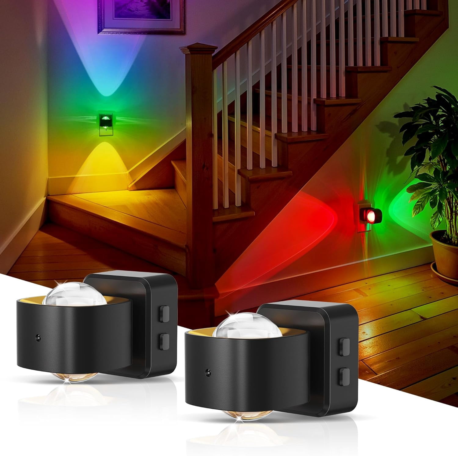 RGHJAR-Night Light Projector, 2 Pack Color Changing Night Light Plug into Wall, Dusk to Dawn Sensor, Rotating Nightlight, RGB Ambient Lighting for Bathroom, Gaming Room, Decor, Gifts