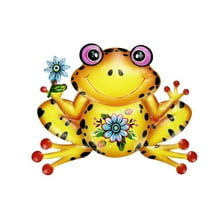 Wrought Iron Wall Art Frog Home Garden Decor Metal Hanging Ornament with Floral Design for Indoor Outdoor Patio Fence Decoration(Yellow)
