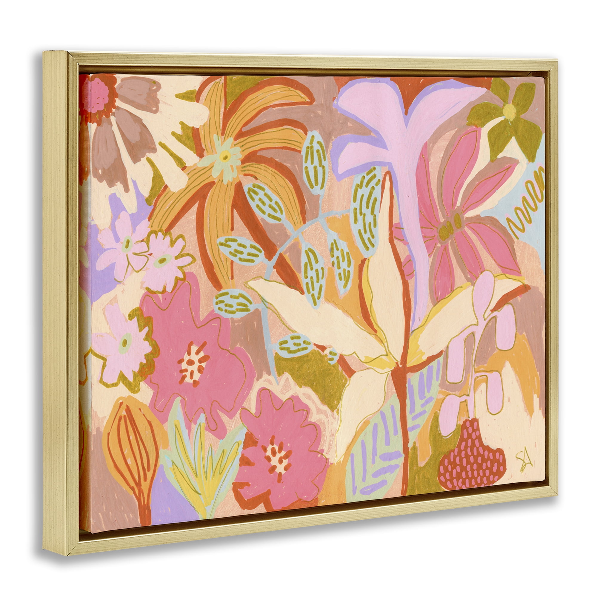 Stupell Industries Soft Expressive Botanicals Plants & Flowers Painting Gold Floater Framed Canvas Art Print Wall Art, 21 x 17