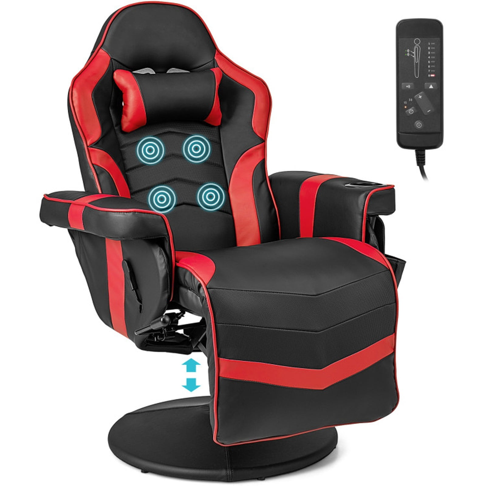 Furnibear Massage Video Gaming Recliner with Reclining Backrest Adjustable Height Retractable Footrest and Side Pocket for Gaming and Office, Red