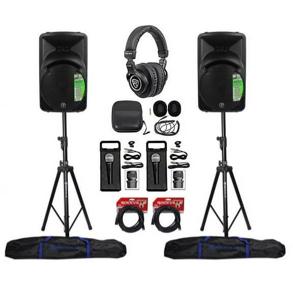(2) New Mackie SRM450-V3 12" Powered Speakers Hydraulic Stands Headphones Mics