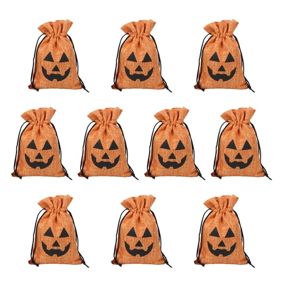 Halloween Pumpkin Burlap Gift Bags with Drawstring, Treat Bags Linen Goody Gift Bags Candy Pouches for Kids Halloween Party Favors
