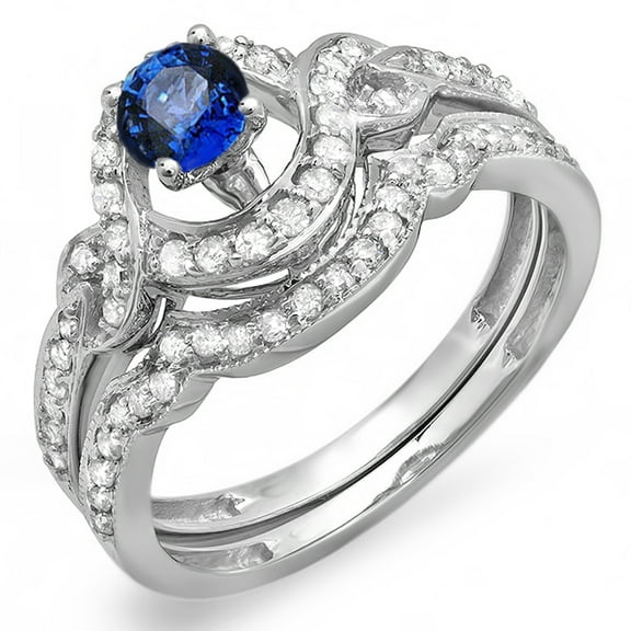 Dazzlingrock Collection 14K Round Blue Sapphire And White Diamond Swirl Bridal Halo Engagement Ring Set, White Gold, Size 8