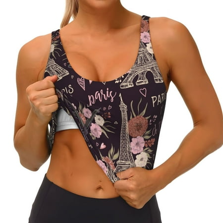 Qokaie Romantic Paris Pattern Womens Scoop Neck Sports Bra Breathable Workout Vest Padded U Back Medium Impact Fitness Gym Yoga Bra Workout Crop Top