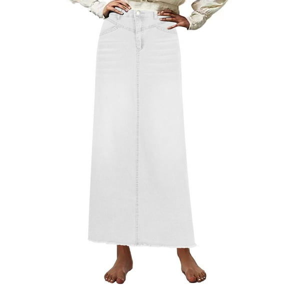 ABPWLY Women Trendy Denim Maxi Skirt High Waist A-Line Frayed Hem Loose Long Jean Skirt Streetwear White Clearance Deals Gifts Up to 40% off