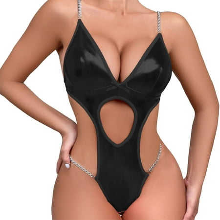 

Womens Lingerie Black Halter Lace Up Leather Backless Teddy Lady Bodysuit Underwear
