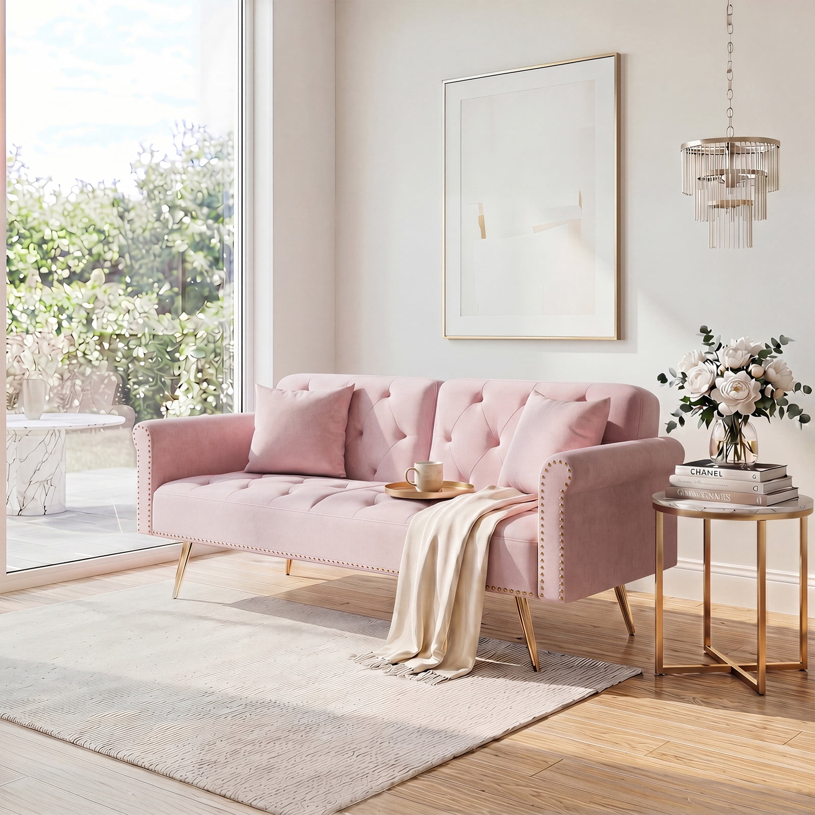 69.7" Ultra-Soft Pink Velvet Convertible Sofa Bed, Nailhead Trim with Cozy Matching Throw Pillow
