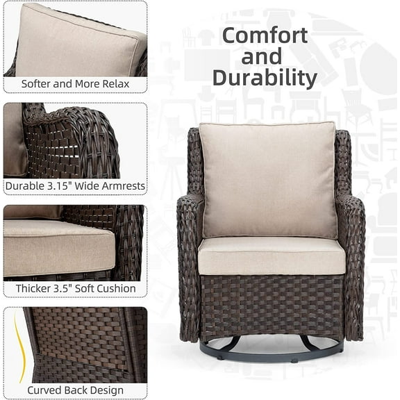 Outdoor 360° Swivel Rocker Patio Chairs Set of 2 and Matching End Table, IDEALHOUSE 3 Pieces Wicker Patio Bistro Set with Premium Fabric Cushions for Yard, Garden, Balcony (Beige, Encryption Rattan)